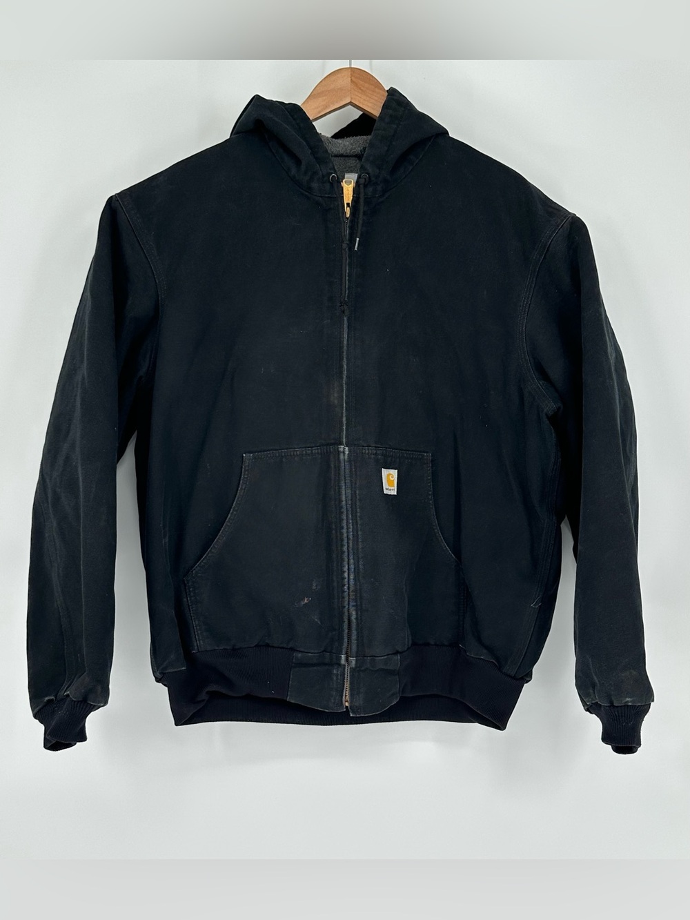 Carhartt J158 Men’s Black Jacket Hooded Duck Canvas Sherpa Lining Size XL A10